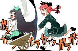  2girls black_hair braid kaenbyou_rin long_hair masu_gitsune multiple_girls oerba_yun_fang photoshop_(medium) red_hair reiuji_utsuho running touhou twin_braids wheelbarrow 