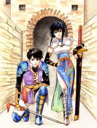  1boy agahari armor black_hair brother_and_sister china_dress chinese_clothes dress female fingerless_gloves fire_emblem fire_emblem:_genealogy_of_the_holy_war gloves grey_eyes larcei_(fire_emblem) photoshop_(medium) scathach_(fire_emblem) sheath sheathed short_hair siblings sword traditional_media weapon 