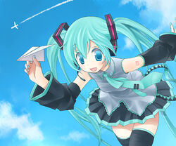  aqua_eyes aqua_hair bad_id bad_pixiv_id chitose_kiiro cloud day female hatsune_miku long_hair necktie paper_airplane photoshop_(medium) skirt sky solo thighhighs twintails vocaloid zettai_ryouiki 