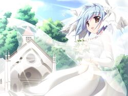  blue_hair bouquet bridal_veil bride brown_eyes church dress elbow_gloves female flower fue_(tsuzuku) game_cg gloves hayami_koharu hinatabokko imageboard_desourced non-web_source short_hair solo veil wedding_dress 