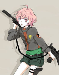  1boy ahoge bad_id bad_pixiv_id gun luca_angeloni macross macross_frontier male_focus pink_eyes pink_hair rifle shorts solo weapon yoshi_92 