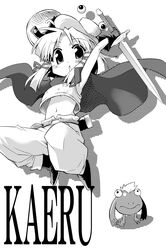  :o arms_up cape chrono_trigger cosplay female frog_(chrono_trigger) frog_(chrono_trigger)_(cosplay) greyscale hat highres holding holding_sword holding_weapon midriff monochrome moriya_suwako navel nu_(chrono_trigger) sheath simple_background solo sword toto_nemigi touhou weapon 