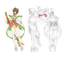  bare_shoulders bow brown_hair copyright_request female hair_ornament japanese_clothes legs multiple_views photoshop_(medium) platform_footwear q_azieru sandals sketch standing sword turnaround weapon 