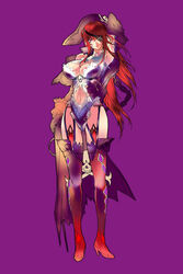  arm_up armpits boots breasts eyepatch female hat lace large_breasts long_hair navel original pink_eyes pirate purple_background q_azieru red_hair simple_background solo standing thighhighs 