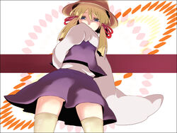  blonde_hair blue_eyes commentary_request female from_below hair_ribbon hat long_sleeves looking_at_viewer moriya_suwako photoshop_(medium) red_ribbon ribbon skirt skirt_set sleeves_past_wrists socks solo thighhighs touhou vest wide_sleeves zen_(raspberry) zettai_ryouiki 