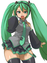  commentary_request curvy detached_sleeves female green_eyes green_hair hatsune_miku headphones kawacchi_hirohiro long_hair necktie oerba_yun_fang solo thick_thighs thighhighs thighs twintails vocaloid 