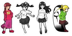  4girls aelion_draws alternate_costume alternate_eye_color alternate_skirt_length arm_at_side bad_id bad_pixiv_id black_eyes black_footwear black_hair black_pantyhose black_skirt blonde_hair blunt_bangs blush bow bowtie braid brown_footwear brown_hair brown_skirt closed_eyes closed_mouth collared_shirt contrapposto dress dripping_eye drooling dual_persona enutsuu extra_arms floating_hair foot_up full_body green_hoodie green_shirt green_sweater grey_socks hair_bobbles hair_ornament half-closed_eyes hand_on_own_hip hands_in_pockets hands_up holding hood hood_down hoodie knife light_frown lineup long_hair long_skirt long_sleeves looking_at_viewer low_twintails madotsuki monoe monoko multiple_girls no_shoes nose_blush open_mouth pale_skin pantyhose partially_colored pink_shirt pleated_skirt poniko ponytail purple_eyes purple_skirt raised_eyebrows red_dress red_footwear red_shirt red_skirt shirt shoelaces shoes sidelocks simple_background skirt sleeves_past_wrists smile socks standing standing_on_one_leg sweater torn_clothes torn_socks twin_braids twintails uboa v-shaped_eyebrows white_background white_shirt white_socks white_sweater yellow_bow yellow_bowtie yume_nikki 