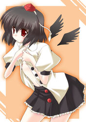  black_hair black_wings commentary_request female gonzaburo hat highres looking_at_viewer shameimaru_aya short_hair skirt solo touhou wings 