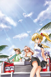  3girls antenna_hair black_hair blonde_hair blue_eyes blue_hair braid brown_hair car daikuuji_ayu green_eyes hat hayase_mitsuki highres kazami_haruki kimi_ga_nozomu_eien long_hair motor_vehicle multiple_girls narumi_takayuki one_eye_closed outdoors sitting smile suzumiya_haruka taira_shinji twintails umbrella 