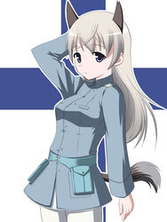  animal_ears blonde_hair cowboy_shot eila_ilmatar_juutilainen female finnish_flag fox_ears fox_girl fox_tail hyokkori_tamago long_hair pantyhose purple_eyes solo stretching strike_witches tail uniform white_pantyhose world_witches_series 