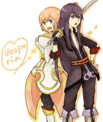  1boy bad_id bad_pixiv_id blue_eyes boots copyright_name estellise_sidos_heurassein female gloves heart heart_of_string knee_boots long_hair over_shoulder pink_hair short_hair sword sword_over_shoulder tales_of_(series) tales_of_vesperia weapon weapon_over_shoulder yoshi_92 yuri_lowell 