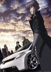  2boys absurdres artist_request batou_(gits) car city cloud coat female ghost_in_the_shell ghost_in_the_shell_stand_alone_complex gloves highres kusanagi_motoko motor_vehicle multiple_boys nissan purple_hair red_eyes short_hair sky standing sunset togusa_(gits) trench_coat 