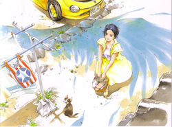  basket black_hair brown_eyes car clothes clothesline dress feline female from_above highres izubuchi_yutaka looking_up motor_vehicle photoshop_(medium) rahxephon shitou_haruka short_hair skirt solo vest wings 