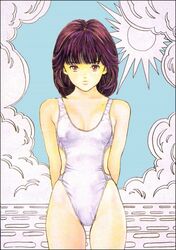  1990s_(style) arms_behind_back bare_arms blue_sky breasts casual_one-piece_swimsuit cleavage closed_mouth clothing_cutout cloud collarbone cowboy_shot day den&#039;ei_shoujo expressionless female groin hayakawa_moemi highleg highleg_swimsuit highres katsura_masakazu looking_at_viewer medium_hair mole mole_on_body monochrome_background ocean official_art one-piece_swimsuit outdoors purple_hair red_eyes retro_artstyle scan side_cutout sky small_breasts solo standing sun swimsuit thighs traditional_media water white_one-piece_swimsuit 