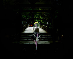  ascot bridge cave dark female green_eyes green_hair lantern looking_at_viewer mizuhashi_parsee short_hair skirt solo takanashi_akihito touhou 