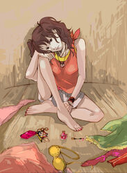  bad_id bad_pixiv_id barefoot bra cellphone feet female flip_phone kazuki_(kazu-king) kujikawa_rise lingerie nail_polish persona persona_4 phone pink_nails shorts sitting solo toenail_polish toenails twintails underwear 