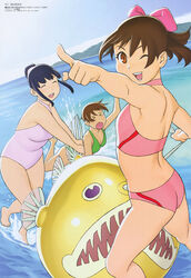  &gt;_&lt; 3girls :d ;d ^_^ absurdres aoi_minamo armpits ass back barefoot bikini blue_hair bow breasts brown_hair casual_one-piece_swimsuit cleavage closed_eyes cloud day feet fish fisheye flat_chest hairbow halterneck happy highres holding inflatable_raft itou_yukino kneepits leaning_forward leg_lift looking_at_viewer looking_back medium_breasts megami_magazine mikomoto_sayaka mountain multiple_girls non-web_source ocean official_art one-piece_swimsuit one_eye_closed open_mouth orange_eyes outdoors outstretched_arm outstretched_arms photoshop_(medium) pink_bow piranha plump pointing ponytail profile real_drive scan scrunchie short_hair sidelocks single_vertical_stripe sky small_breasts smile splashing spread_legs standing standing_on_one_leg swimsuit tankini thick_thighs thighs transparent tripping ueyama_tetsuro water 