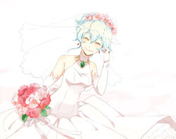  bad_id bad_pixiv_id blue_hair bouquet bridal_veil bride dress earrings female flower gloves happy jewelry nia_teppelin ring smile solo tengen_toppa_gurren_lagann veil wedding_dress yoshi_92 