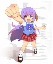  blue_eyes commentary_request female gakuen_utopia_manabi_straight! hanyuu higurashi_no_naku_koro_ni horie_yui horns massugu_go nekokun parody punching purple_hair school_uniform seiou_gakuen_school_uniform solo voice_actor_connection 