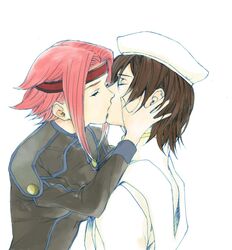  1boy bad_id bad_pixiv_id beret brown_hair code_geass couple female hat kissing kouzuki_kallen lelouch_vi_britannia order_of_the_black_knights_uniform pink_hair short_hair spoilers straight touichi 