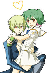  1boy bad_id bad_pixiv_id blonde_hair brera_sterne brother_and_sister couple female green_hair holding incest macross macross_frontier orange_eyes ranka_lee school_uniform short_hair siblings skirt straight yoshi_92 