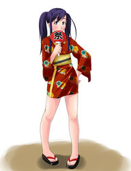  bare_legs blue_eyes closed_mouth covering_own_mouth female floral_print_kimono full_body hand_fan hand_on_own_hip holding holding_fan japanese_clothes kimono looking_at_viewer maria-sama_ga_miteru ogasawara_sachiko paper_fan pigeon-toed purple_hair red_kimono sandals simple_background solo toshifumi twintails uchiwa white_background yukata zouri 