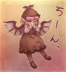  blowing_nose commentary_request female hat mystia_lorelei pink_hair sankuma short_hair solo tissue touhou wings 