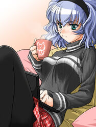  aqua_centolm artist_request blue_hair computer cup female green_eyes hairband laptop lowres mug pantyhose photoshop_(medium) sitting skirt solo super_robot_wars super_robot_wars_mx sweater 