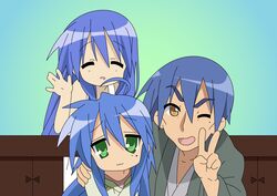  1boy 2girls ahoge blue_hair closed_eyes commentary_request family father_and_daughter ghost green_eyes highres izumi_(hsls) izumi_kanata izumi_konata izumi_soujirou long_hair lucky_star mole mole_under_eye mother_and_daughter multiple_girls v vector_trace waving 