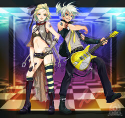  1boy asymmetrical_clothes belt blonde_hair blue_eyes boots brother_and_sister checkered commentary_request ear_piercing female fingerless_gloves gloves guitar hagane_vocaloid instrument jewelry kagamine_len kagamine_rin legs lip_piercing lock magane_len magane_rin microphone midriff momopanda navel piercing ring short_hair siblings single_thighhigh striped_clothes striped_thighhighs tattoo thighhighs twins vocaloid 