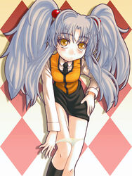  argyle_background bent_over black_socks blush commentary_request ebi_tendon female grey_hair highres hoshino_ruri kidou_senkan_nadesico kneehighs long_hair looking_at_viewer necktie panties panty_pull pencil_skirt photoshop_(medium) skirt socks solo twintails underwear undressing very_long_hair vest white_panties yellow_eyes 