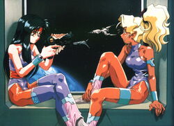  1990s_(style) 2girls armlet bare_shoulders black_hair blonde_hair blue_eyes bodysuit crossed_legs earrings gun hairband headband holding holding_gun holding_weapon jewelry kajishima_masaki kuramitsu_mihoshi long_hair makibi_kiyone multiple_girls official_art planet ponytail retro_artstyle sitting space spacecraft spacecraft_interior tenchi_muyou! tenchi_muyou!_uchuu_hen trigger_discipline watch weapon wristwatch 