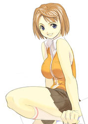  blue_eyes breasts brown_hair female kizaki_(volvox) kneehighs large_breasts my-hime orange_hair orange_shirt school_uniform shirt short_hair sitting skirt smile socks solo tokiha_mai 