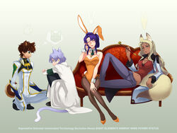  2boys 2girls animal_ears blush brown_hair cat_ears cat_tail cecile_croomy code_geass commentary_request dark_skin dog_ears dog_tail fox_ears fox_tail hazuki_gean holding holding_smoking_pipe kiseru kururugi_suzaku lloyd_asplund long_hair multiple_boys multiple_girls pantyhose playboy_bunny purple_hair rabbit_ears rabbit_tail rakshata_chawla short_hair smoking_pipe sulking tail 