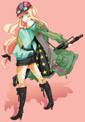  bandaid blonde_hair blue_eyes boots commentary_request female fishnets goggles gun helmet jacket long_hair macross macross_frontier sheryl_nome solo weapon yoshi_92 