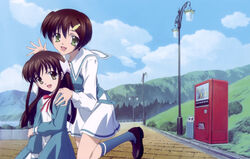  2girls absurdres cloud day green_eyes highres ishizuki_koyori ishizuki_mana koga_makoto long_hair multiple_girls outdoors photoshop_(medium) short_hair siblings sisters skirt sky smile sola 