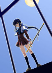  blue_hair commentary_request female green_eyes kanon kawasumi_mai kneehighs long_hair moon nisemon school_uniform socks solo sword weapon 