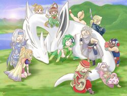  3girls 6+boys aged_up annotated apple775 armor beard blonde_hair blue_eyes blush brother_and_sister brown_hair cape cecil_harvey chibi cid_pollendina closed_eyes commentary_request dragon edward_chris_von_muir edward_geraldine everyone facial_hair final_fantasy final_fantasy_iv goggles green_hair hat helmet instrument kain_highwind lute_(instrument) mask mist_dragon multiple_boys multiple_girls palom polearm ponytail porom purple_eyes red_eyes rosa_farrell rydia_(ff4) short_hair siblings sleeping spear tellah weapon yang_fang_leiden 