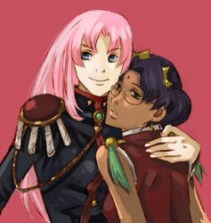  2girls aiguillette bad_id bad_pixiv_id blue_eyes crown epaulettes glasses green_eyes himemiya_anthy kazuki_(kazu-king) lowres multiple_girls pink_hair shoujo_kakumei_utena tan tenjou_utena 