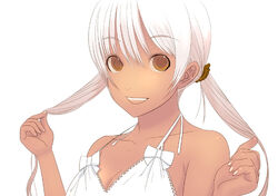  :d bare_shoulders bow breasts cleavage collarbone female hair_ornament hair_scrunchie halterneck holding holding_own_hair kiriman_(souldeep) lace_trim long_hair looking_at_viewer nail_polish open_mouth original scrunchie simple_background small_breasts smile solo spaghetti_strap tan twintails upper_body white_background white_bow white_hair white_nails yellow_eyes 