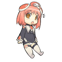  ^^^ ahoge chibi female full_body hairpods kizaki_(volvox) long_sleeves looking_at_viewer m.o.m.o. panties pantyshot short_hair simple_background solo surprised thighhighs underwear white_background white_panties xenosaga 