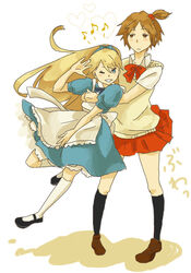  2boys alice_(alice_in_wonderland) alice_(alice_in_wonderland)_(cosplay) alice_in_wonderland apron commentary_request cosplay crossdressing dress hairband hanamura_yousuke kuma_(persona_4) legs lingerie mary_janes multiple_boys otoko_no_ko persona persona_4 petticoat shoes skirt socks underwear yoshi_92 