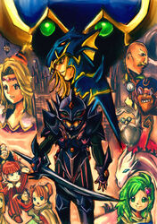  3girls 6+boys aged_down armor bald beard black_armor blonde_hair blue_eyes brown_hair castle cecil_harvey cid_pollendina commentary_request dark_knight_(final_fantasy) dragon dragoon dragoon_(final_fantasy) edward_chris_von_muir everyone facial_hair final_fantasy final_fantasy_iv glasses golbez green_eyes green_hair helmet kain_highwind lolicon long_hair moustache multiple_boys multiple_girls palom photoshop_(medium) porom purple_eyes rosa_farrell rydia_(ff4) short_hair silver16 smile sword tellah weapon white_hair yang_fang_leiden 