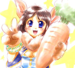  :d animal_ears artist_request blue_eyes breasts brown_gloves carrot chrono_cross female food fur_trim gloves holding holding_food janice_(chrono_cross) lowres open_mouth rabbit_ears short_hair small_breasts smile solo upper_body 