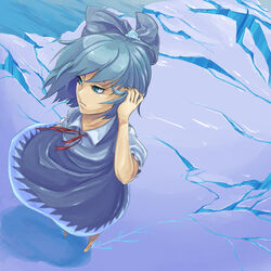  adjusting_hair blue_eyes blue_hair bow cirno commentary_request dress female from_above hairbow ice metadata_pun neck_ribbon no_wings photoshop_(medium) ratsunagina ribbon short_hair solo touhou water 