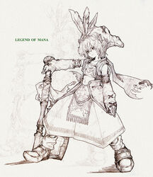  1boy baku_(bakunooekaki) boots brown_theme commentary_request gloves hat legend_of_mana male_focus monochrome seiken_densetsu sketch solo toto_(lom) 