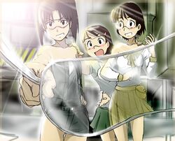  3girls amasawa_yuuko augmented_reality bare_shoulders blush brown_hair commentary_request dennou_coil digital_dissolve exhibitionism eyewear_view foreshortening glasses hair_ornament hairclip hashimoto_fumie jacket multiple_girls nude okonogi_yuuko pov public_indecency raglan_sleeves reverse_x-ray short_hair skirt sunlight takaya_n twintails 