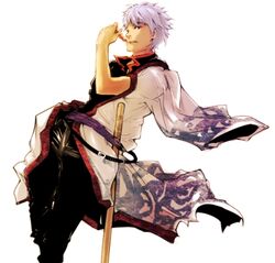  1boy aguhari bad_id bad_pixiv_id bokken dango food gintama japanese_clothes male_focus sakata_gintoki solo sword sword_writing wagashi weapon wooden_sword 