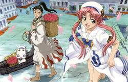  1boy aria_(manga) aria_company_uniform aria_pokoteng blouse clothing_cutout dress female flower hair_tubes highres imageboard_desourced izumo_akatsuki koga_makoto long_dress mizunashi_akari non-web_source pink_hair rose sailor_collar shirt short_hair_with_long_locks short_sleeves side_slit sidelocks uniform white_dress white_shirt 