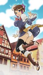  ass bad_id bad_pixiv_id blue_eyes boots breasts brown_hair chime commentary female final_fantasy final_fantasy_crystal_chronicles from_behind glasses hat large_breasts panties pantyshot short_hair solo thighhighs underwear white_panties yukiyanagi 